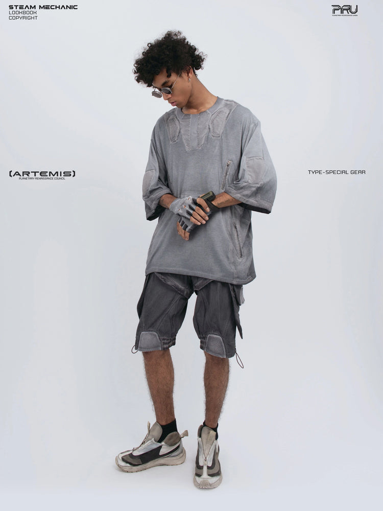 STARCORE stellar blue distressed mesh tee — full-length front view adjusting a glove