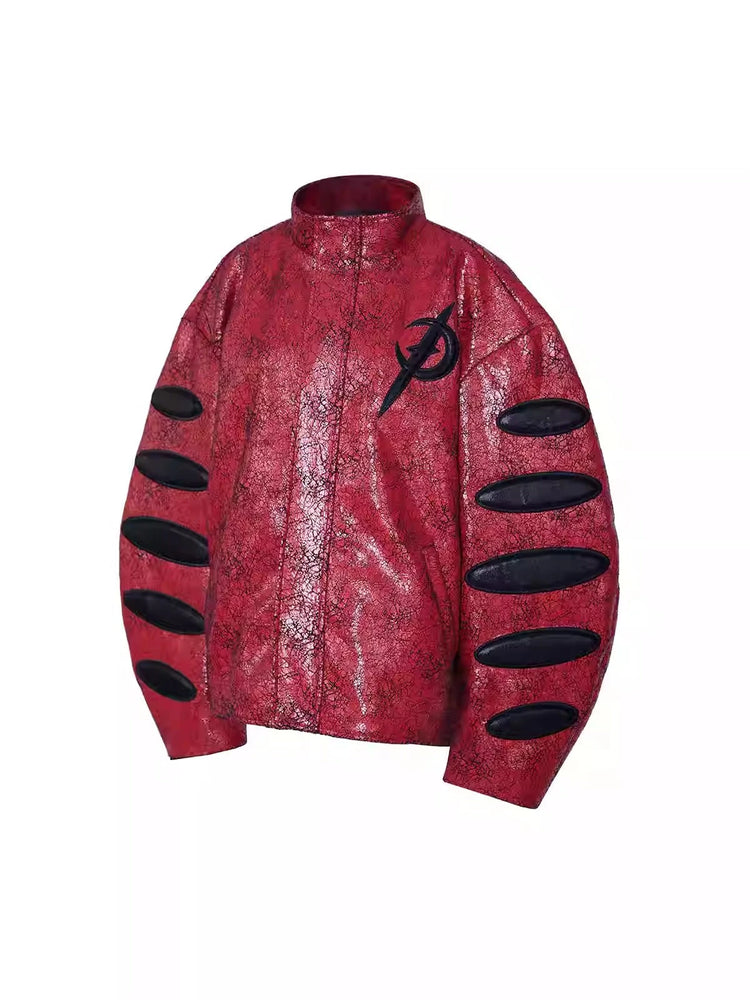 PINKSPINK ELECTRIC MOON cracked faux-leather moto jacket — Garment-only front view showing the stand collar and black oval sleeve inserts