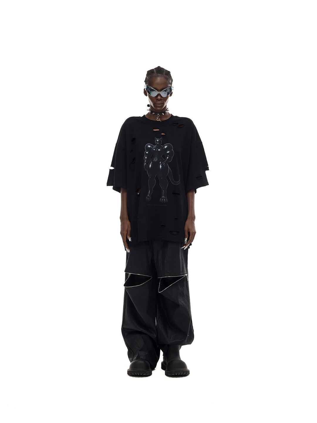 PINKSPINK FUTURE CAT distressed oversized tee in black — front full-length modeled view styled loosely with trousers