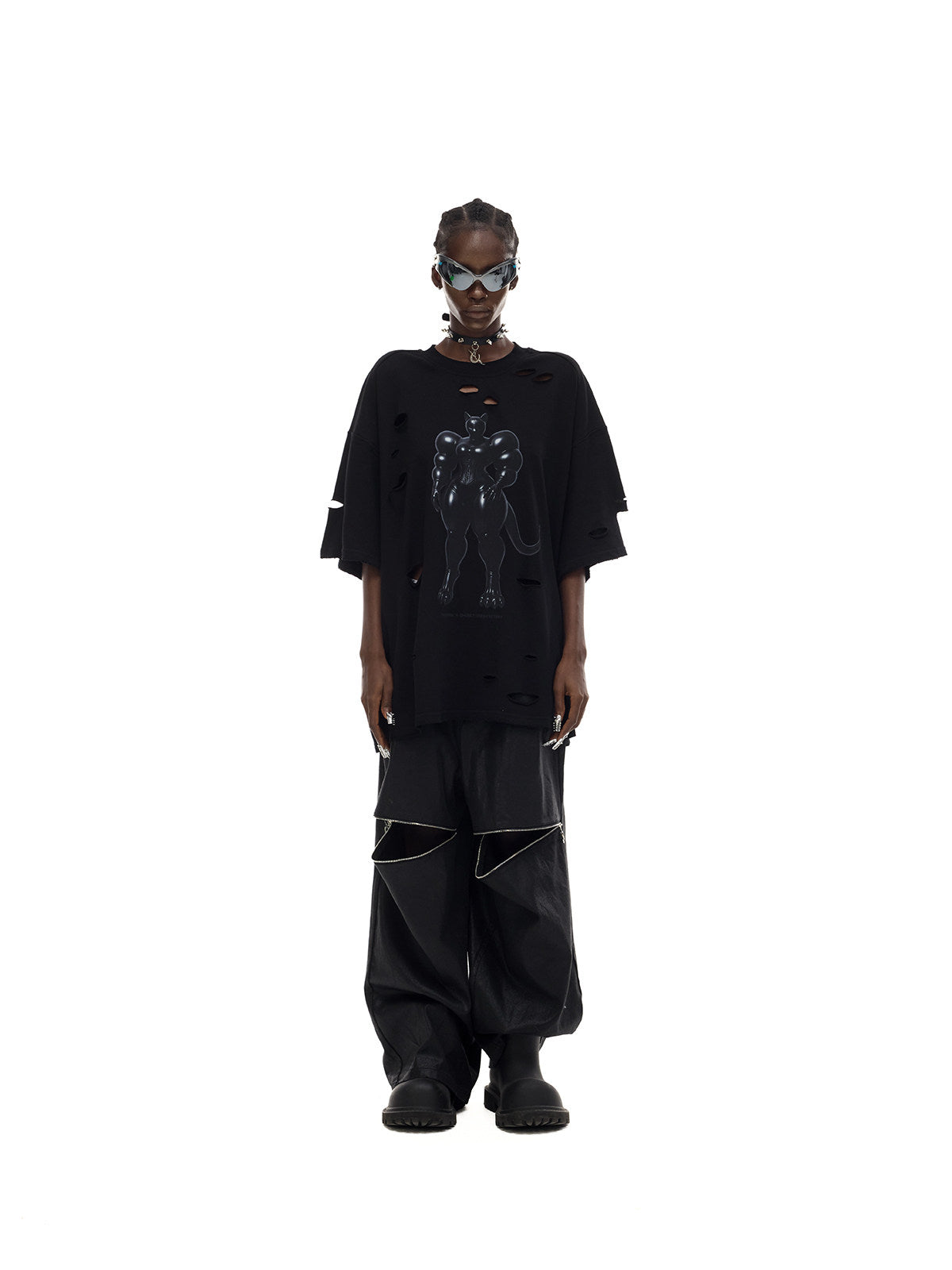 PINKSPINK FUTURE CAT distressed oversized tee in black — front full-length modeled view styled loosely with trousers