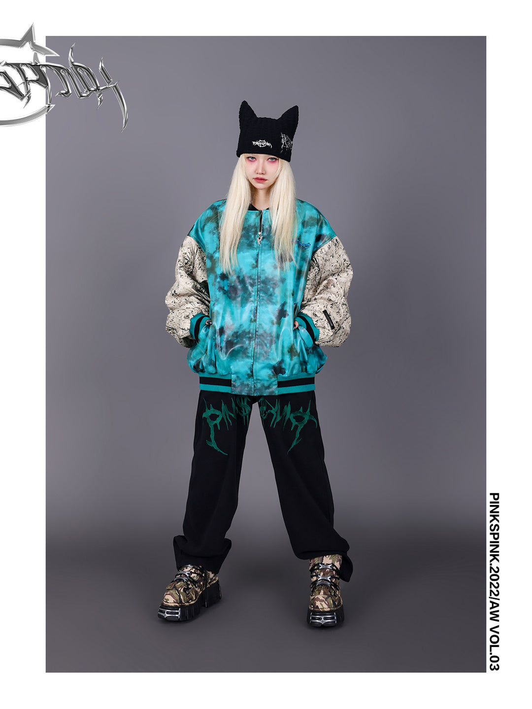 PINKSPINK SPHYNX thorn-embroidered cat-ear beanie — close modeled view highlighting the construction