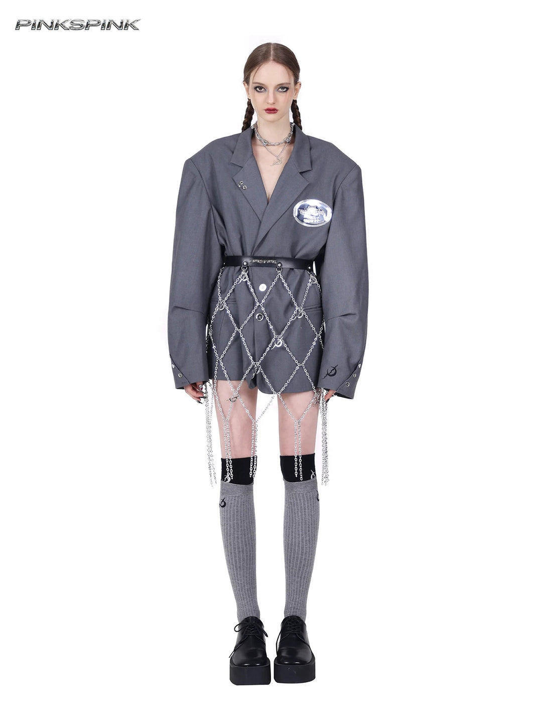 PINKSPINK ELECTRIC MOON diamond-chain belt skirt in black and silver — full-length front view over a gray blazer