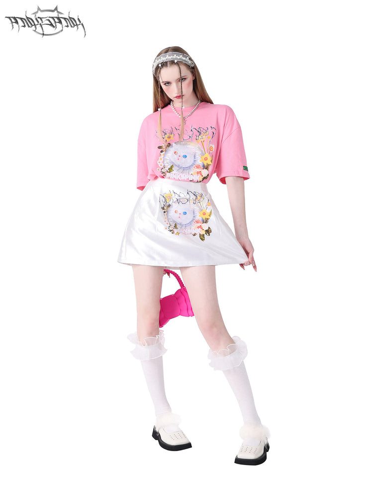PINKSPINK GARFIELD graphic mini skirt — white full-length view with pink tee and head tilted