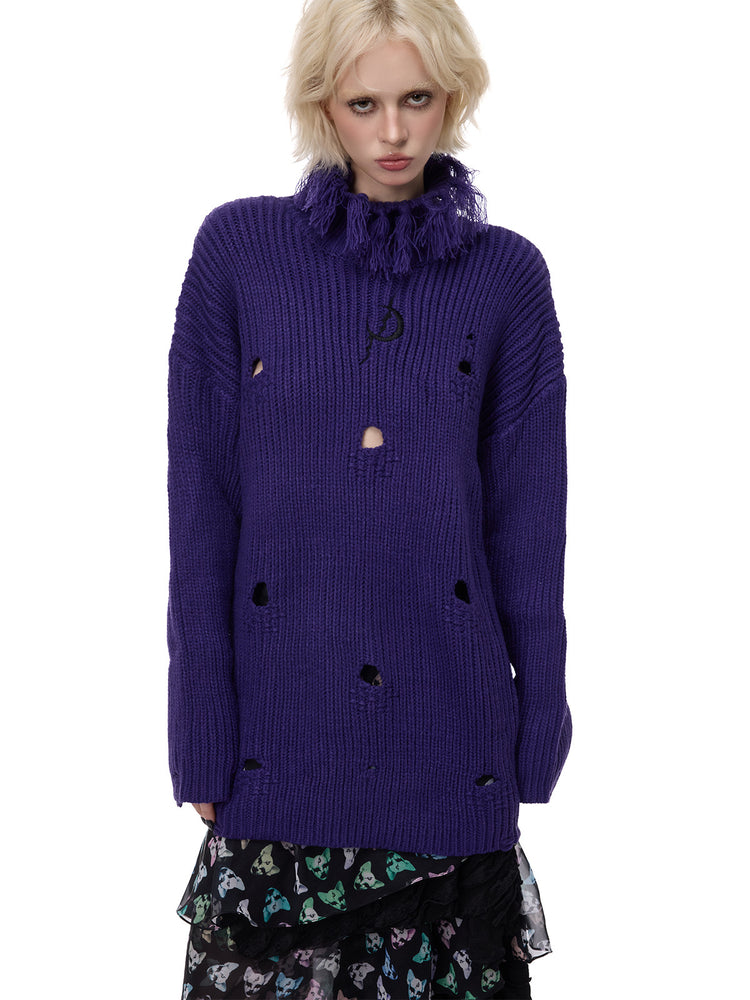 PINKSPINK ELECTRIC MOON distressed high-neck sweater — purple front modeled view of long sleeves
