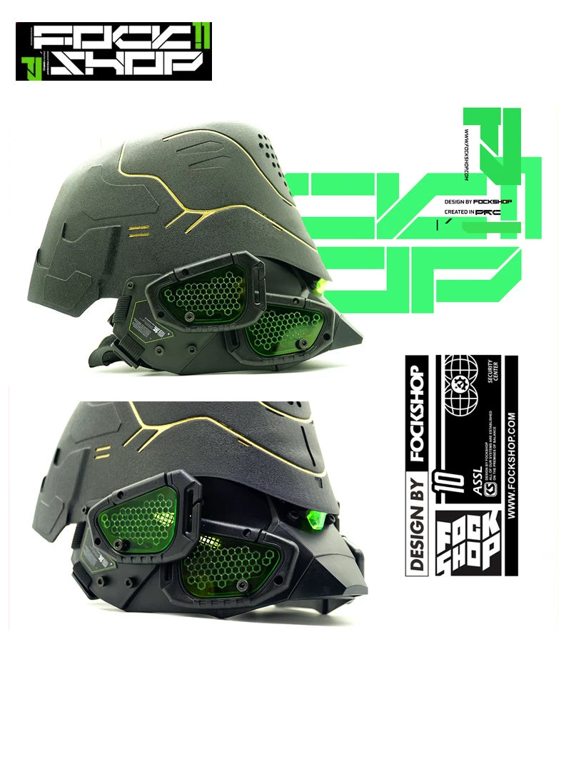 FOCKSHOP PROPHECY illuminated cyber mask — two product views showing the hinged face panels closed and raised