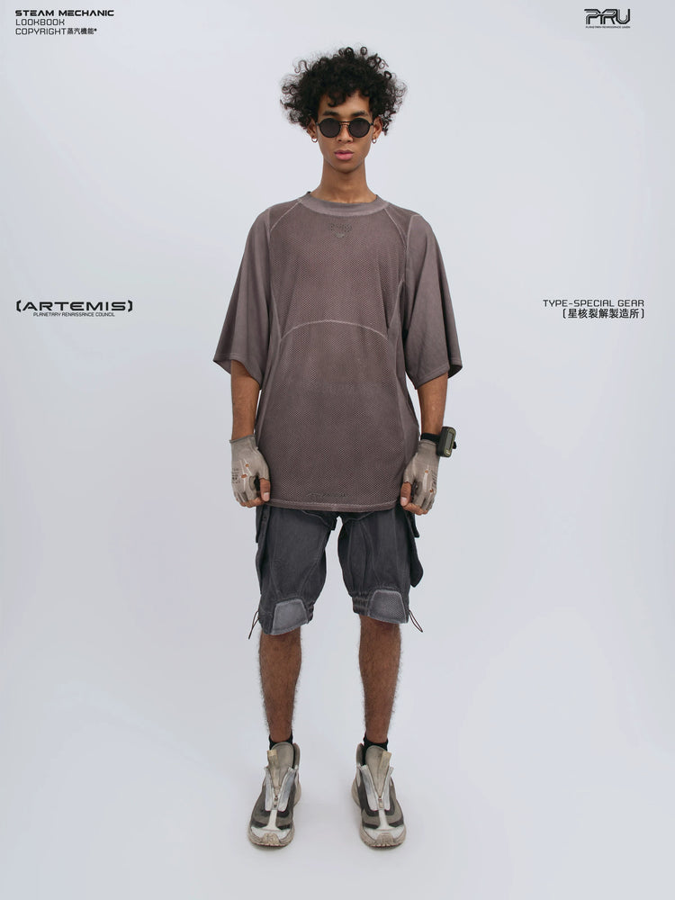 STARFIELD WELDER dust mist purple distressed mesh tee — front modeled product view