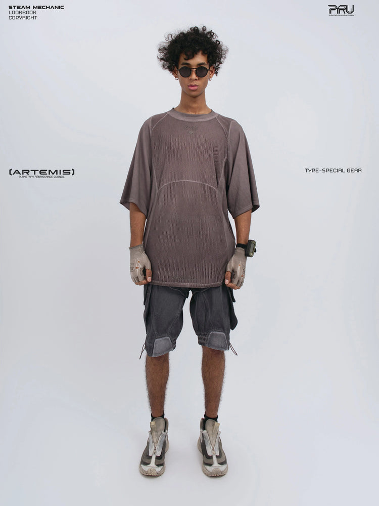 STARFIELD WELDER dust mist purple distressed mesh tee — full-length front modeled view