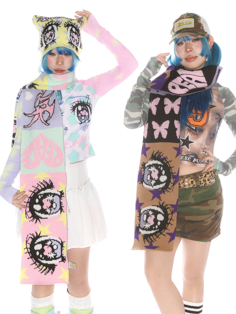 DEADENDKIDS ANIME EYES knit scarf & reversible hat — side or detail presentation