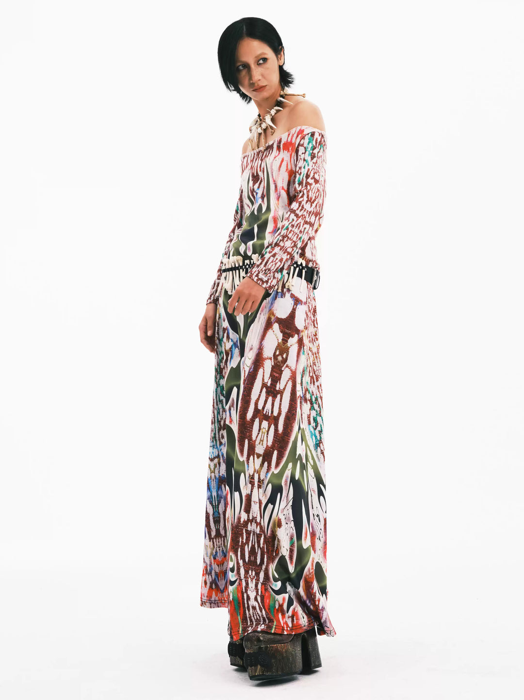 EMBRYO TRIBAL ENTITY white off-shoulder maxi dress — front full-length modeled view