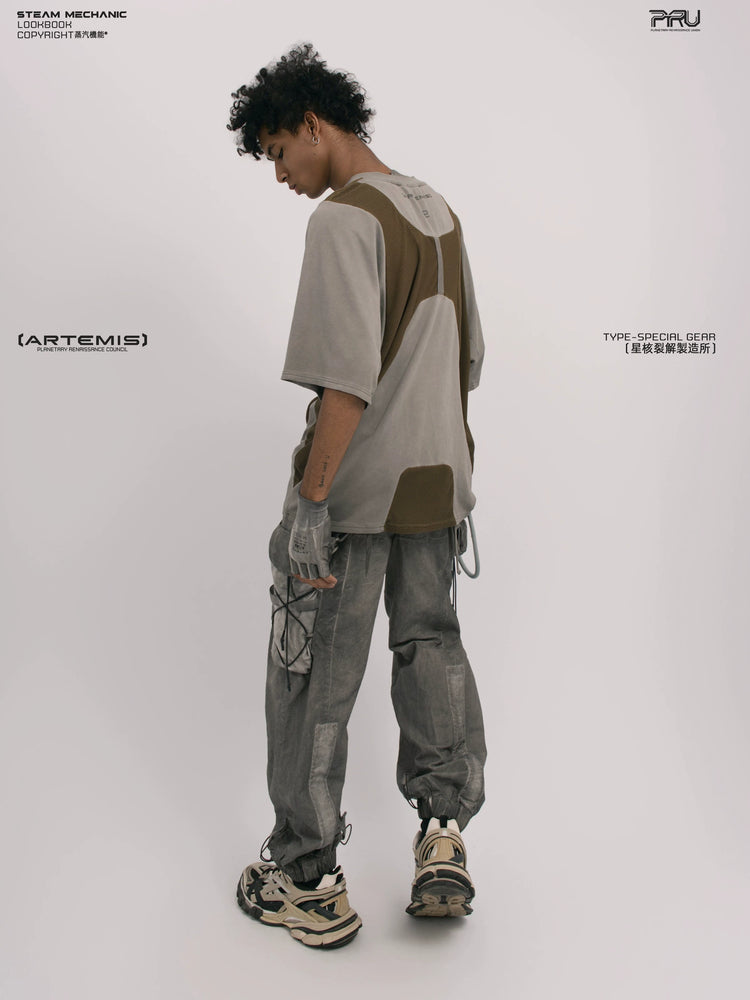 STARFIELD WELDER steel tundra distressed mesh tee — full-length styled view