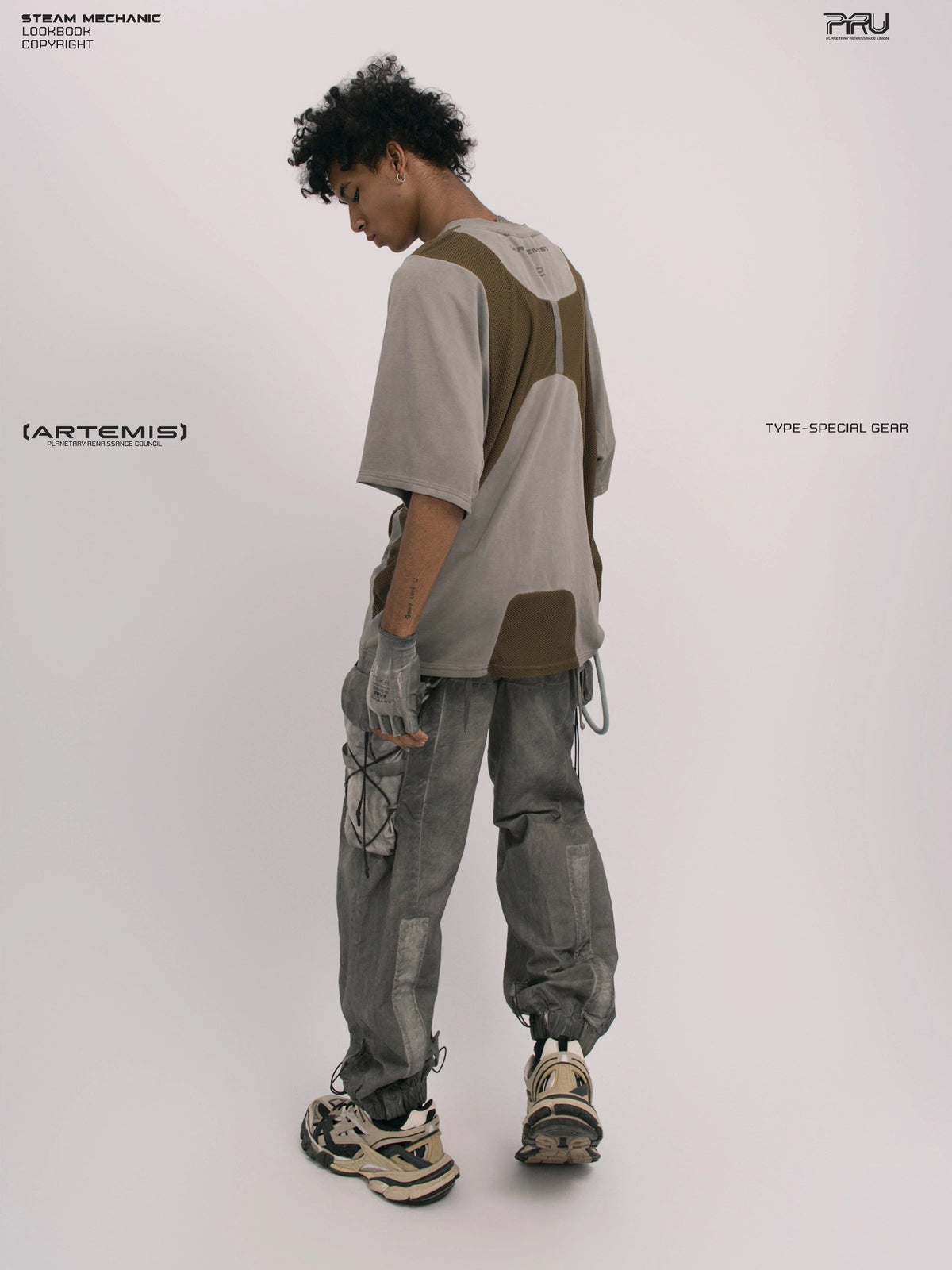STARFIELD WELDER steel tundra distressed mesh tee — full-length styled view