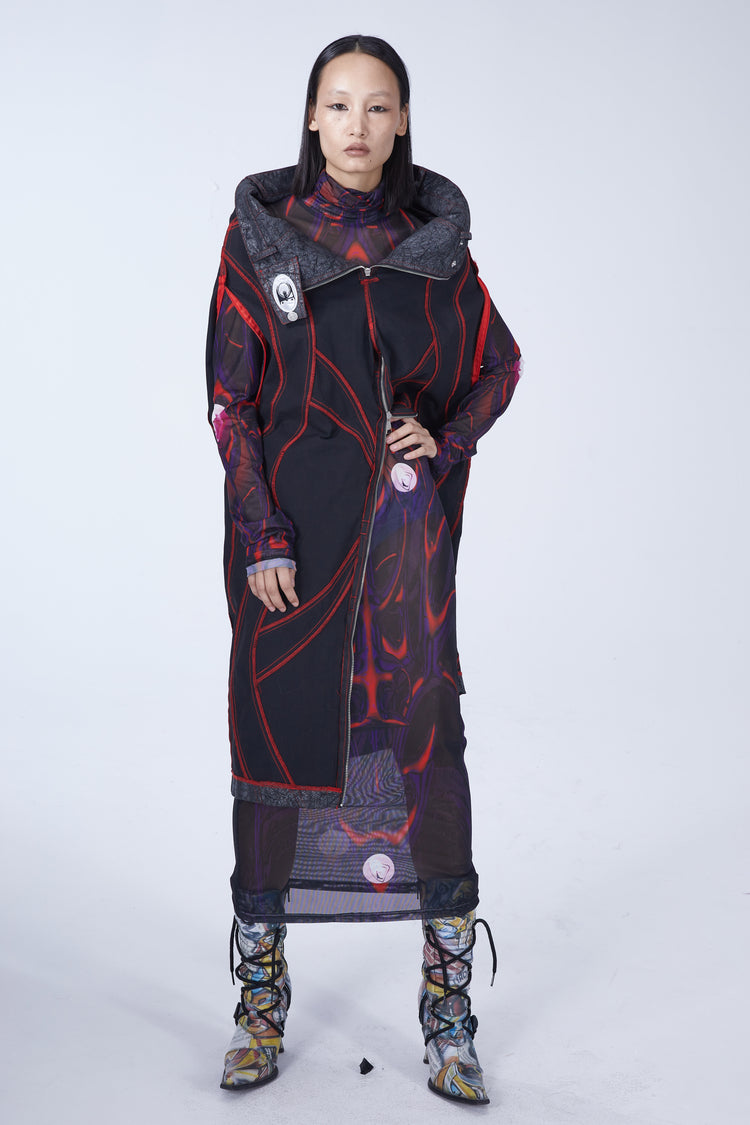 EMBRYO BODY TOTEM mesh maxi dress — close modeled view