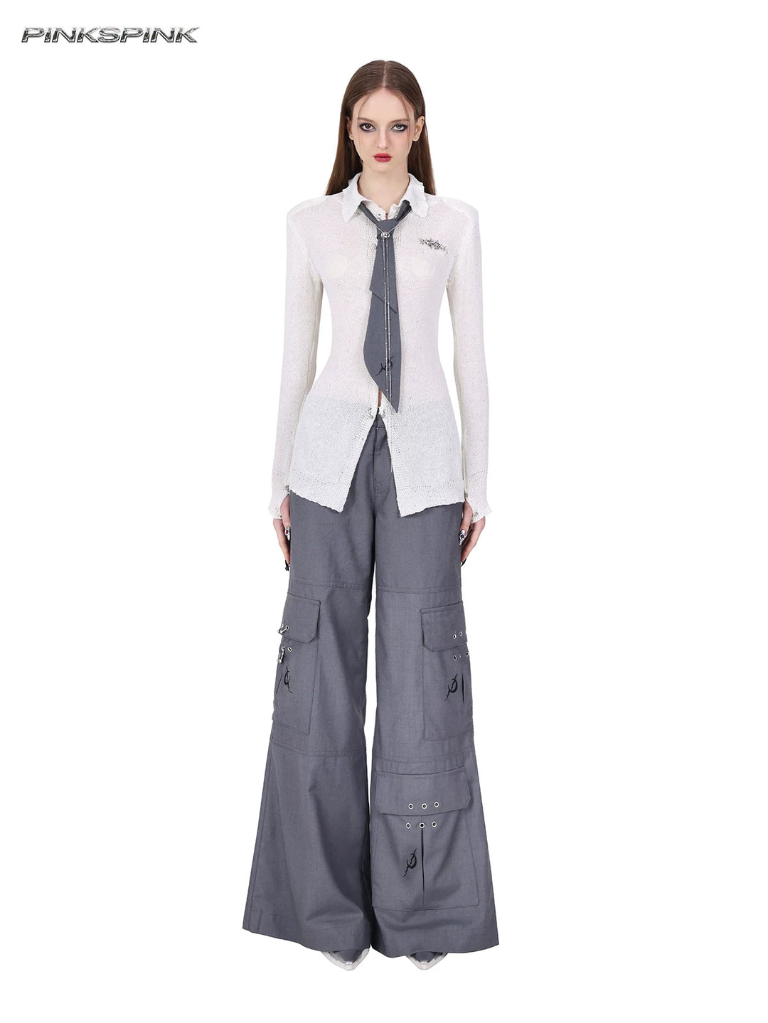 PINKSPINK ELECTRIC MOON ring-detail cargo flare trousers in gray — full-length front view styled with a separate white knit shirt