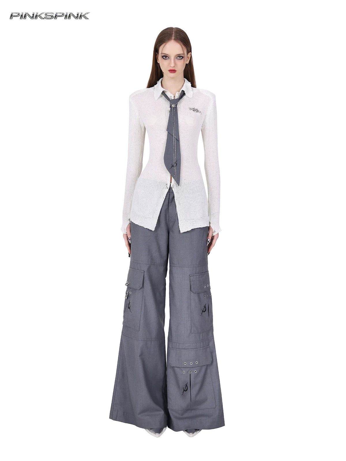 PINKSPINK ELECTRIC MOON ring-detail cargo flare trousers in gray — full-length front view styled with a separate white knit shirt