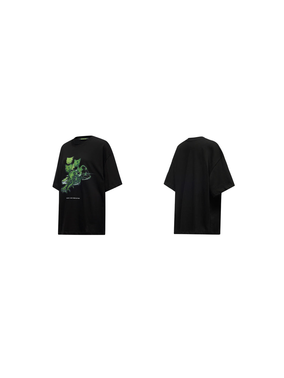 PINKSPINK MONSTER cat-skeleton oversized graphic tee in black — garment-only front and back comparison on a clean white background