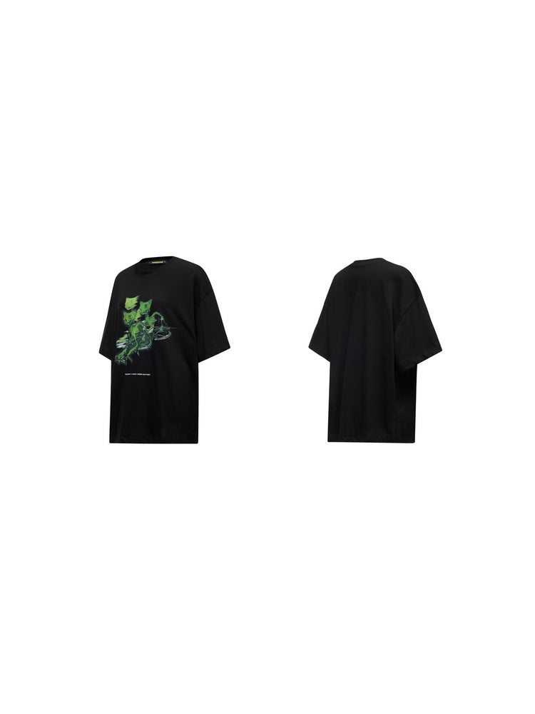 PINKSPINK MONSTER cat-skeleton oversized graphic tee in black — garment-only front and back comparison on a clean white background