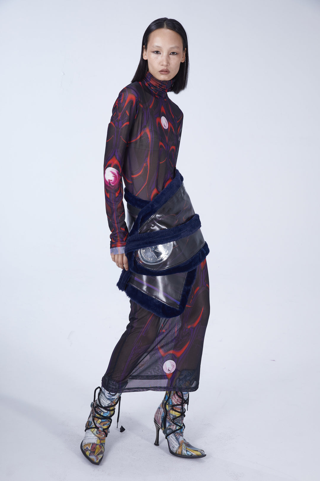 EMBRYO BODY TOTEM mesh maxi dress — rear modeled view