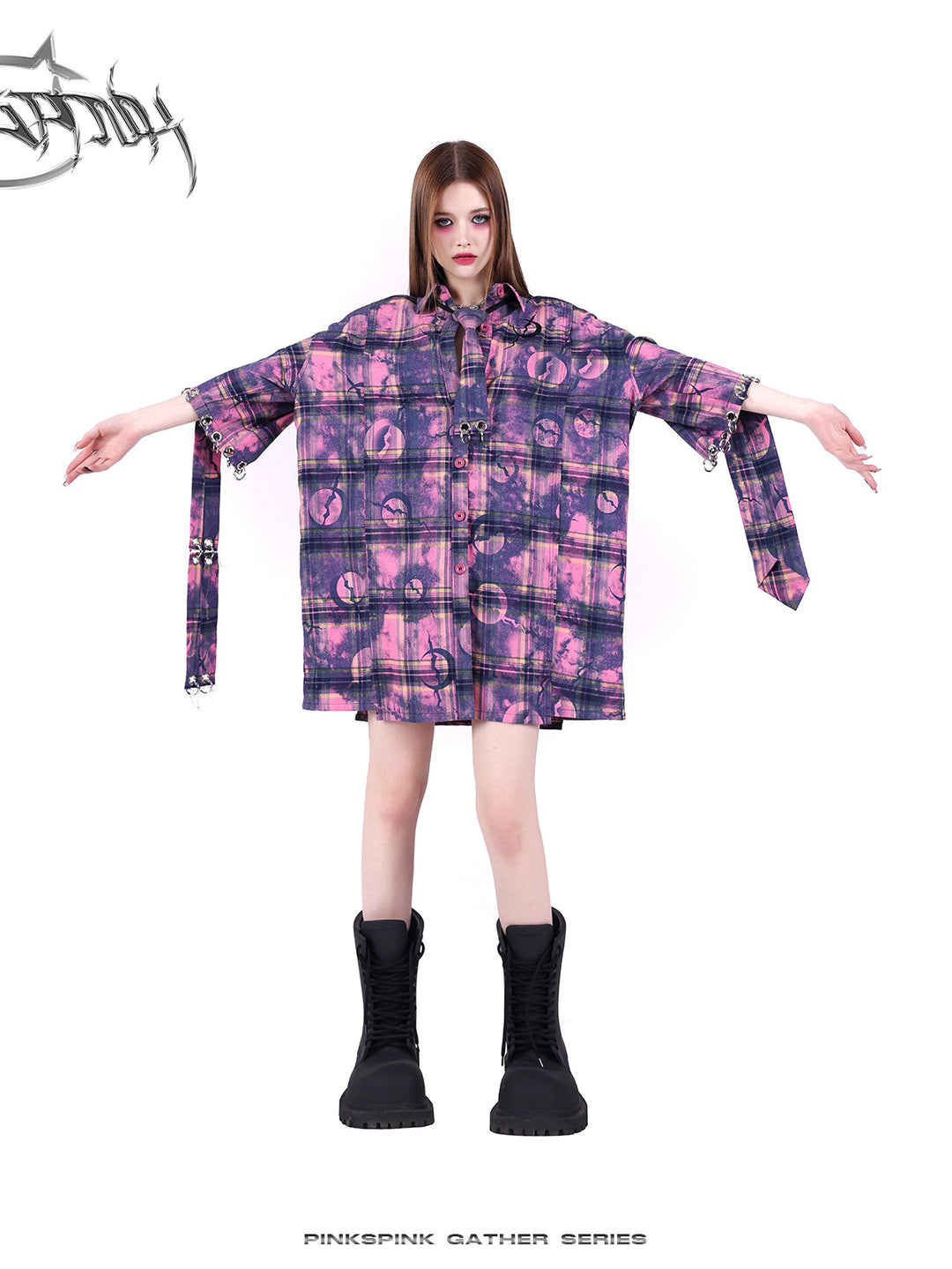 PINKSPINK ELECTRIC MOON wasteland plaid extra-long tie — product detail view showing texture and hardware