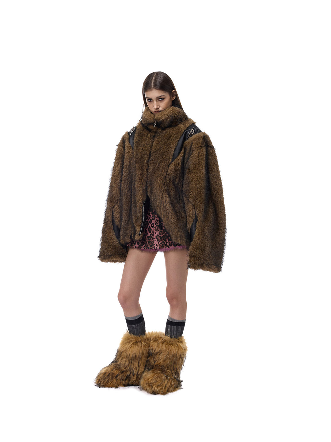 PINKSPINK ELECTRIC MOON paneled faux-fur jacket — angled full-length styling with mini skirt