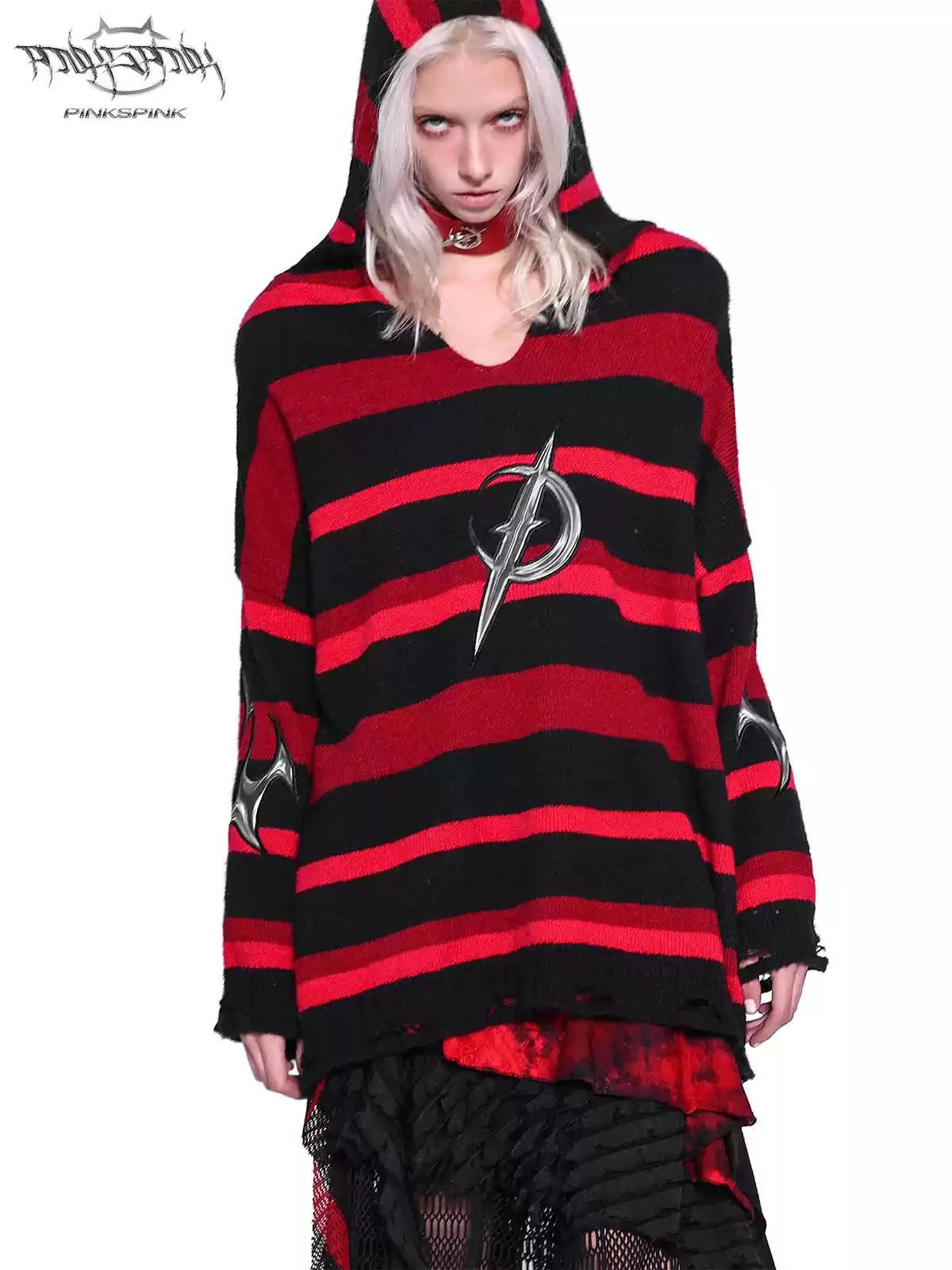 PINKSPINK ELECTRIC MOON striped hooded sweater in BLACK AND RED — close front view showing V-neck and chest emblem.