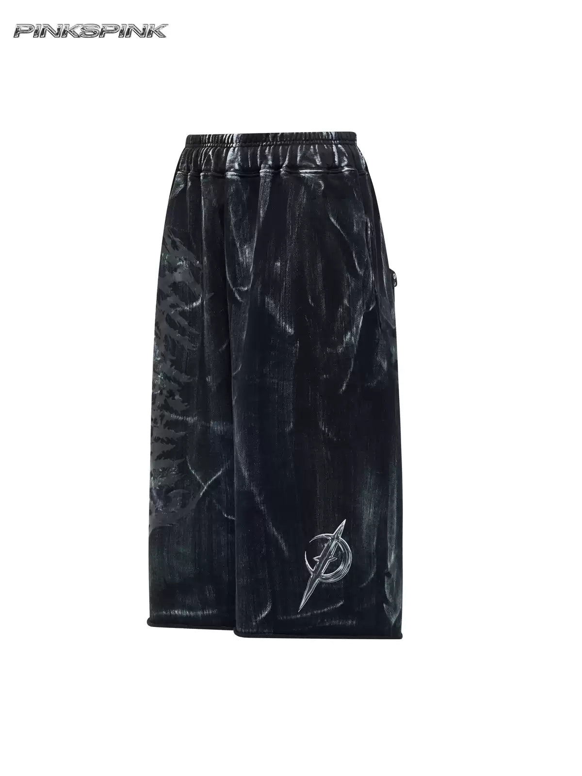 PINKSPINK ELECTRIC MOON coated cropped wide-leg pants in black — front garment-only view showing the wide cropped legs and printed graphics