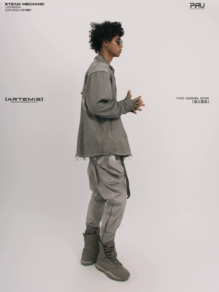CHAOS ERA moon dust gray raw-edge technical shirt — full-length styled view
