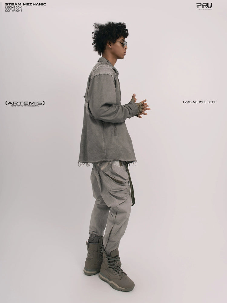 CHAOS ERA moon dust gray raw-edge technical shirt — full-length side modeled view