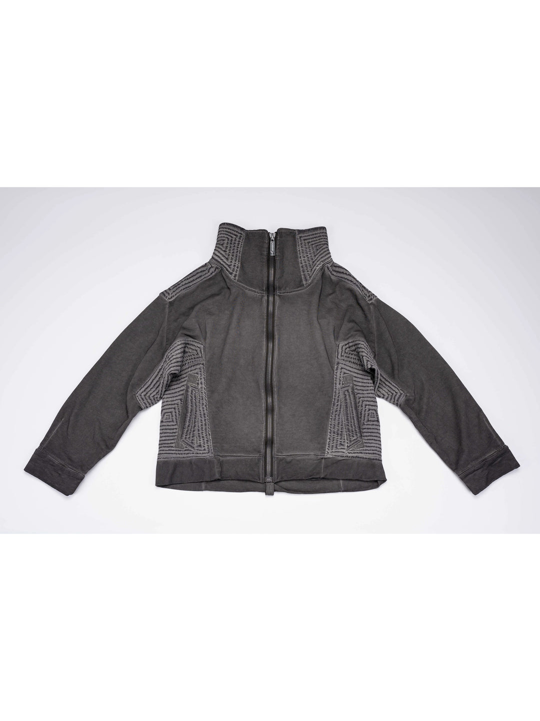 PIONEER moon dust gray distressed protection zip jacket — front flat-lay view showing the high collar, textured shoulder panels and inset side pockets