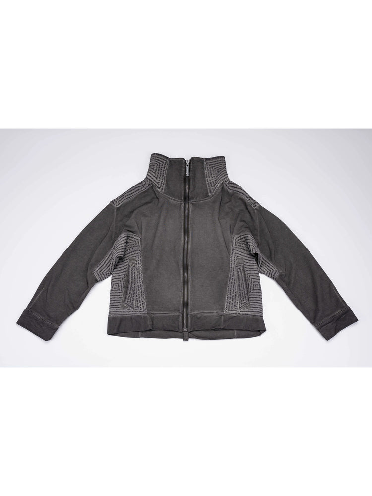 PIONEER moon dust gray distressed protection zip jacket — front flat-lay view showing the high collar, textured shoulder panels and inset side pockets