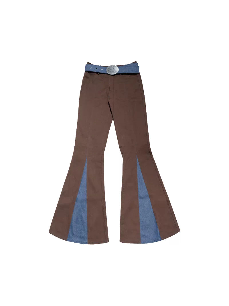 NEXT PASSPORT denim-panel low-rise flared pants in brown — garment-only front view showing the blue flared panels and belt.