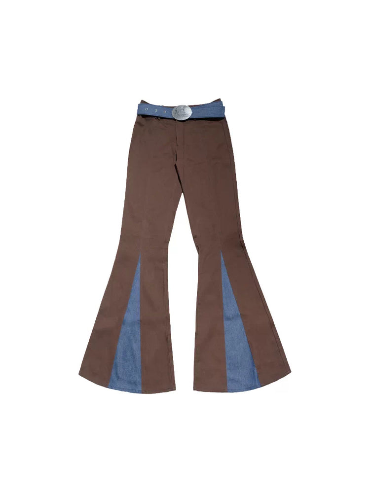 NEXT PASSPORT denim-panel low-rise flared pants in brown — garment-only front view showing the blue flared panels and belt.