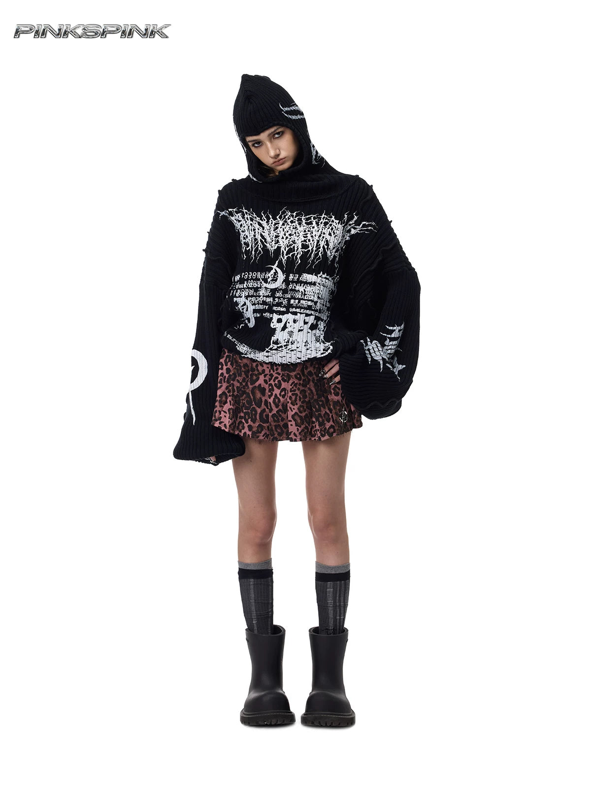 PINKSPINK THORN SIGNAL hooded graphic knit sweater — front full-length view with hood raised
