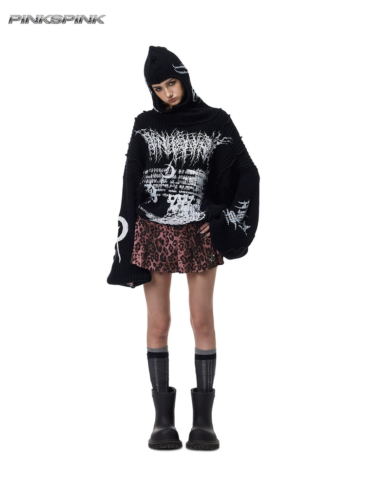 PINKSPINK THORN SIGNAL hooded graphic knit sweater — front full-length view with hood raised