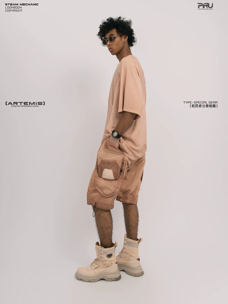 STARFIELD WELDER soft dawn orange distressed mesh tee — side modeled view