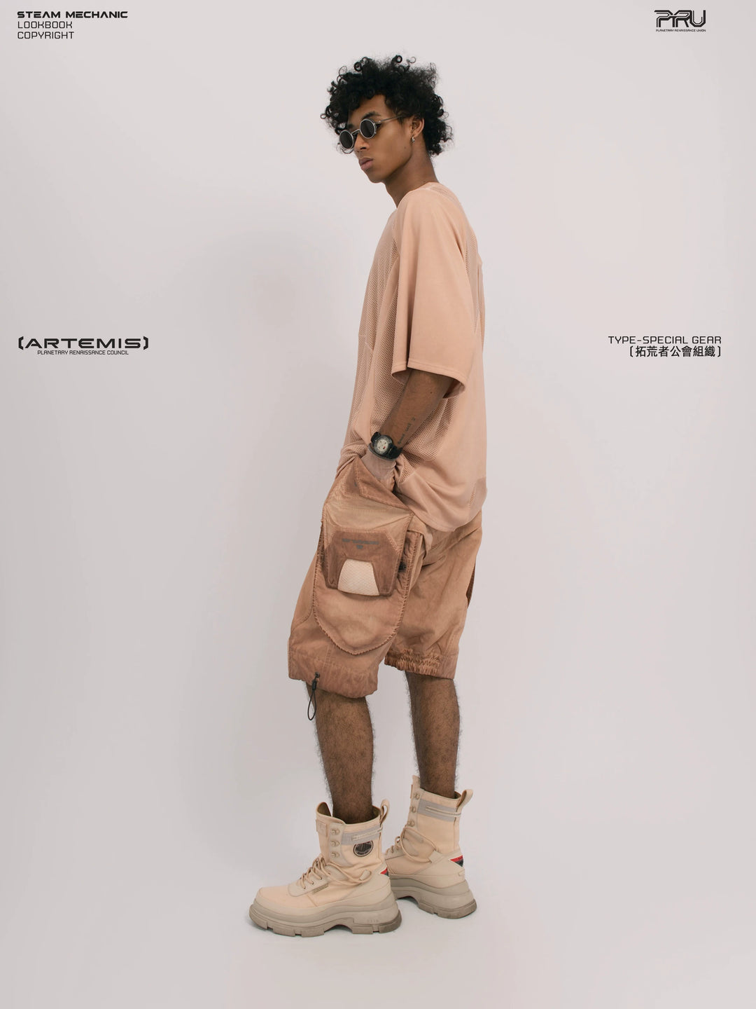 STARFIELD WELDER soft dawn orange distressed mesh tee — side modeled view