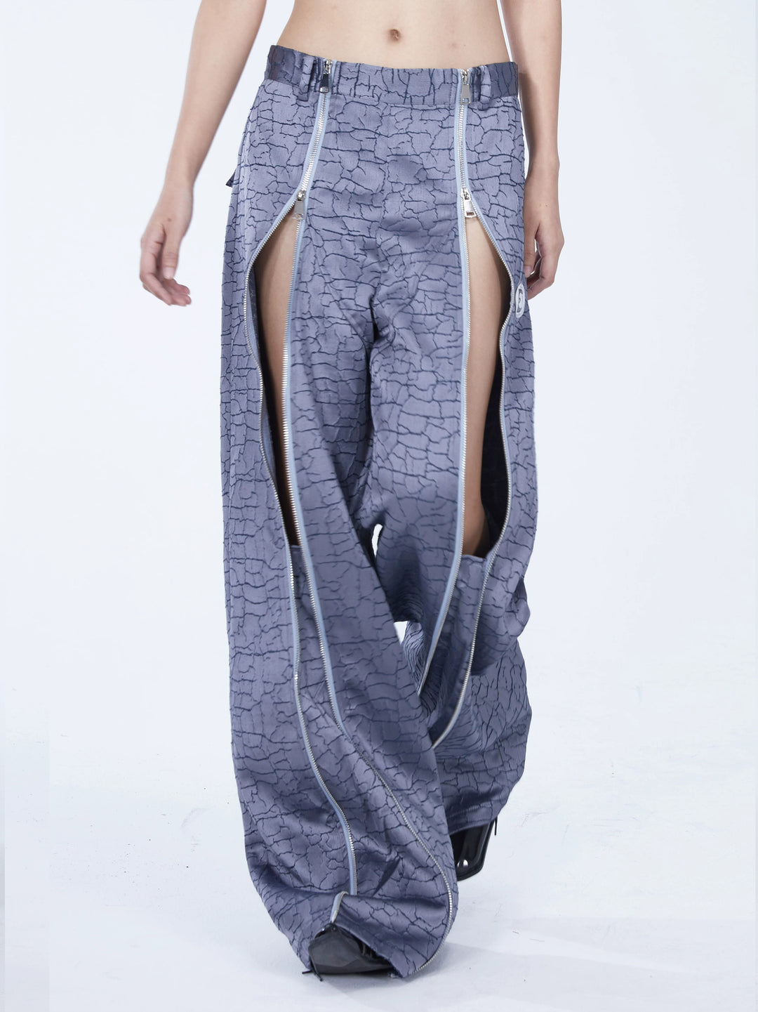 EMBRYO FIVE POISONS luminous-zip crackle flare pants — front product presentation