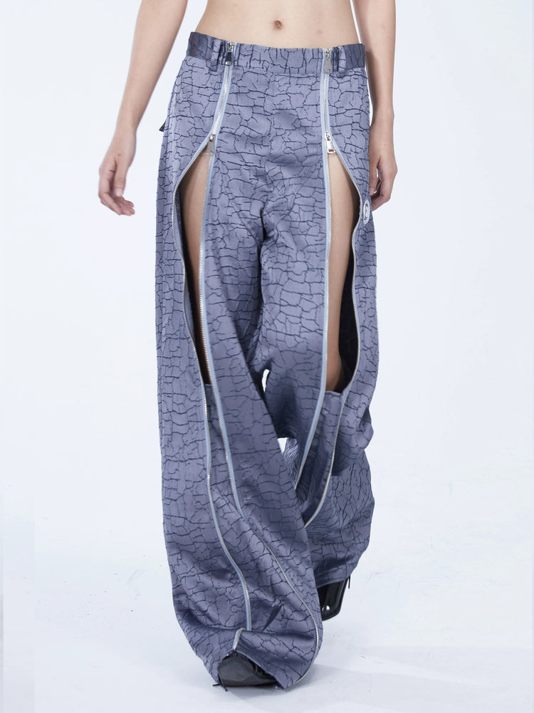 EMBRYO FIVE POISONS luminous-zip crackle flare pants — front product presentation
