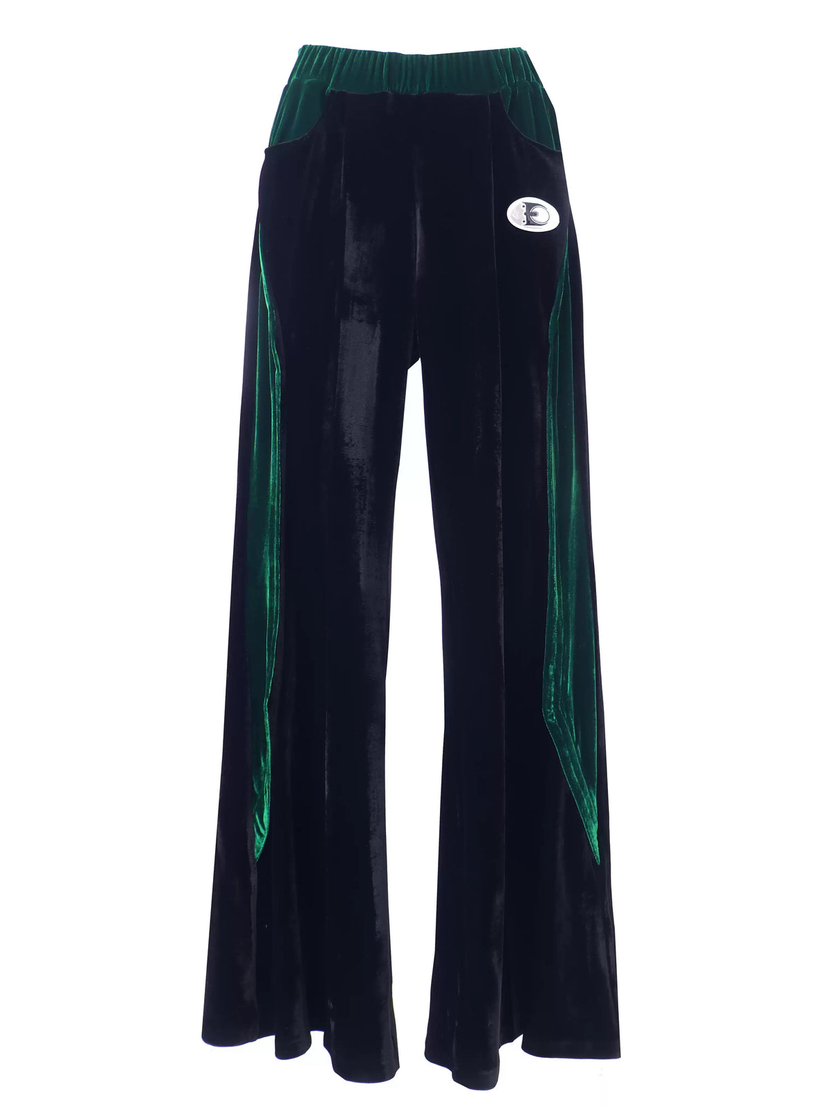 EMBRYO GREEN SPIKE velvet wide-leg pants — construction detail