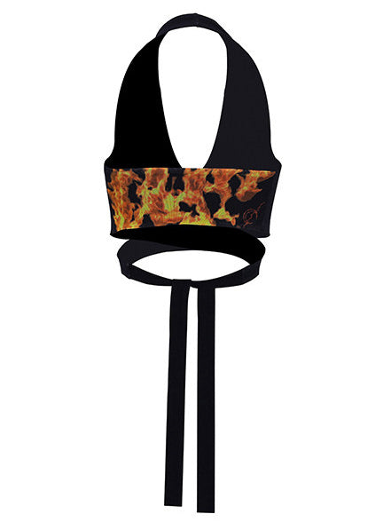 PINKSPINK FLAME halter crop top — black back garment-only view showing the long ties