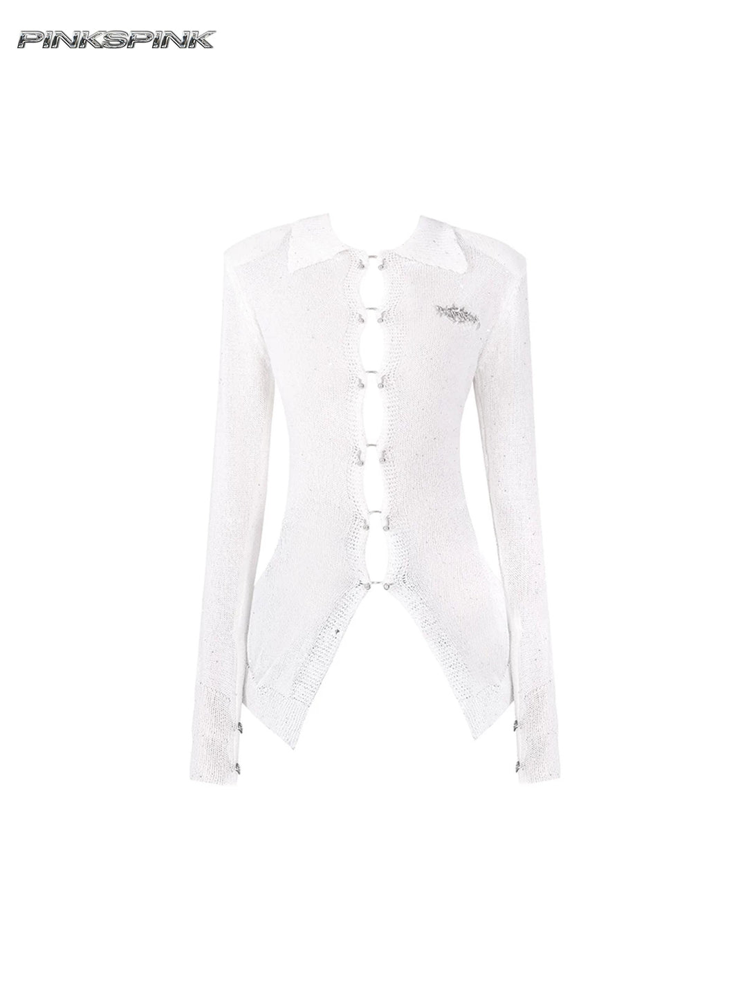 PINKSPINK ELECTRIC MOON ring-fastened sequin knit shirt in white — garment-only front view showing the pointed collar and metal ring fastenings