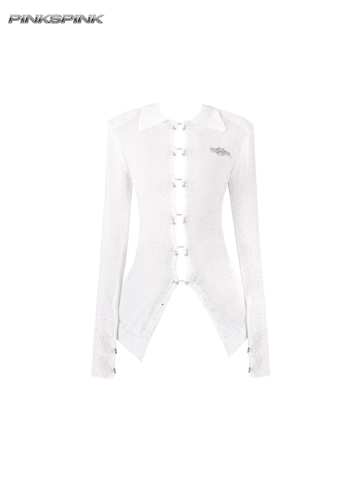 PINKSPINK ELECTRIC MOON ring-fastened sequin knit shirt in white — garment-only front view showing the pointed collar and metal ring fastenings