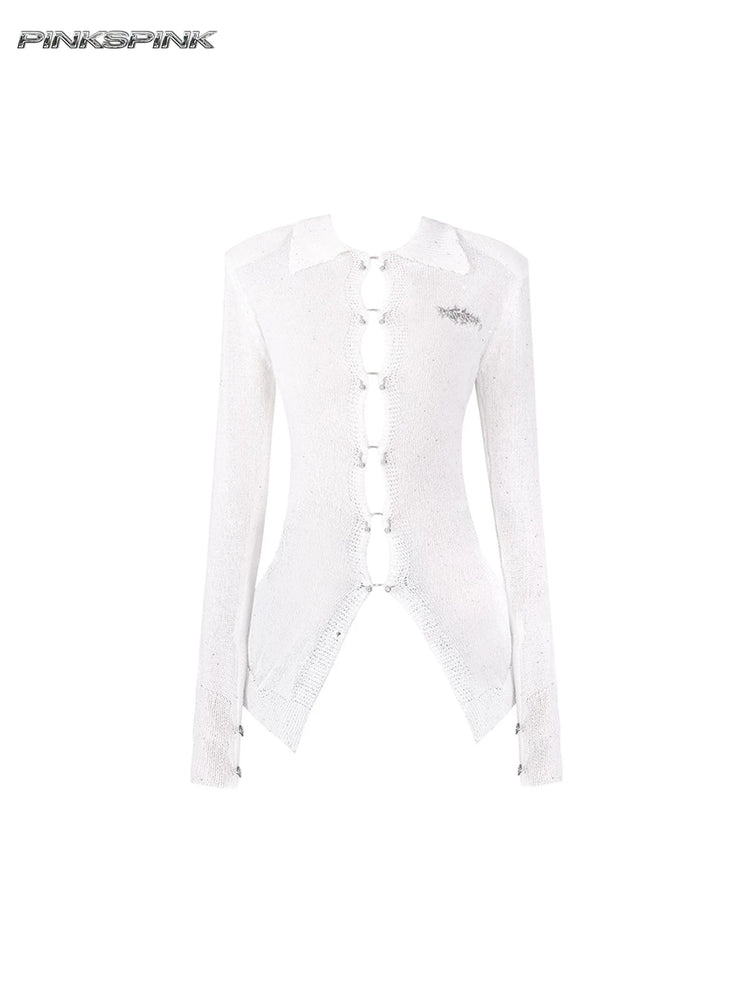 PINKSPINK ELECTRIC MOON ring-fastened sequin knit shirt in white — garment-only front view showing the pointed collar and metal ring fastenings