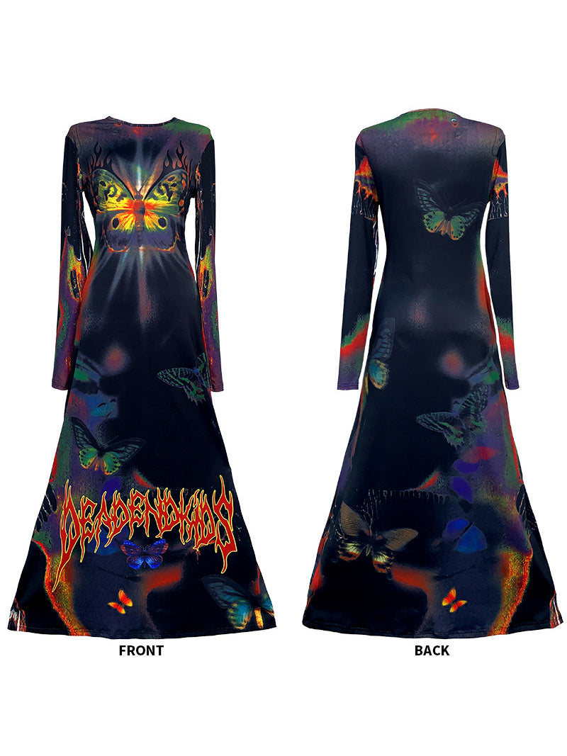 DEADENDKIDS BUTTERFLY GOTH fitted long-sleeve maxi dress — full-length modeled view