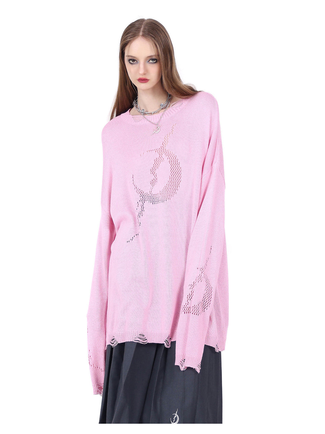 PINKSPINK ELECTRIC MOON distressed open-knit sweater in pink — close front view showing the crescent motif and distressed hem