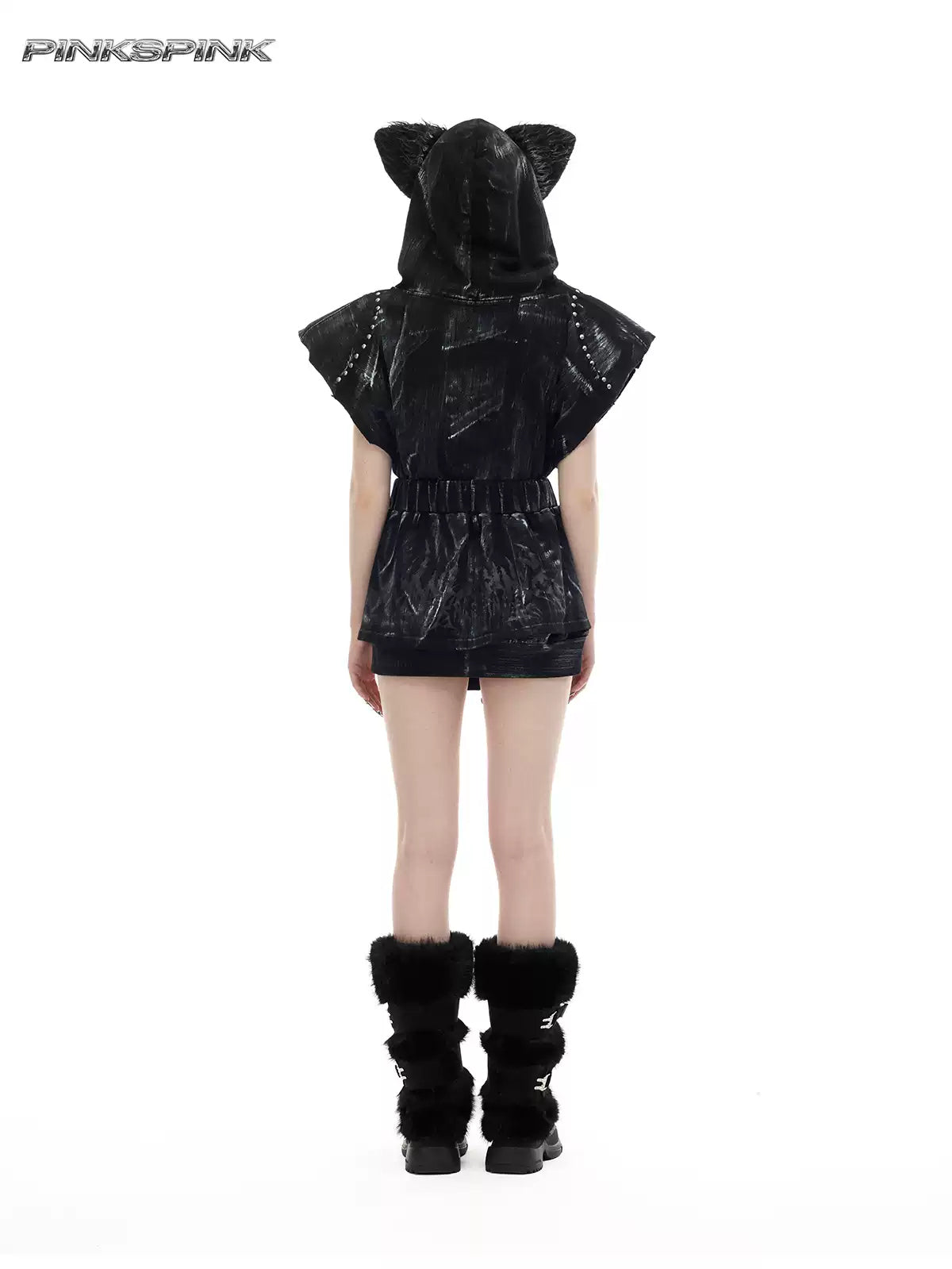 PINKSPINK ELECTRIC MOON coated zip-front mini skirt in black — rear full-length modeled view styled with the cat-ear vest