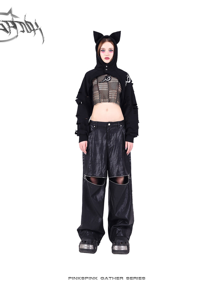 PINKSPINK GEOMETRY open-mesh crop tee in black — front styling view with the separate cat-ear hood raised