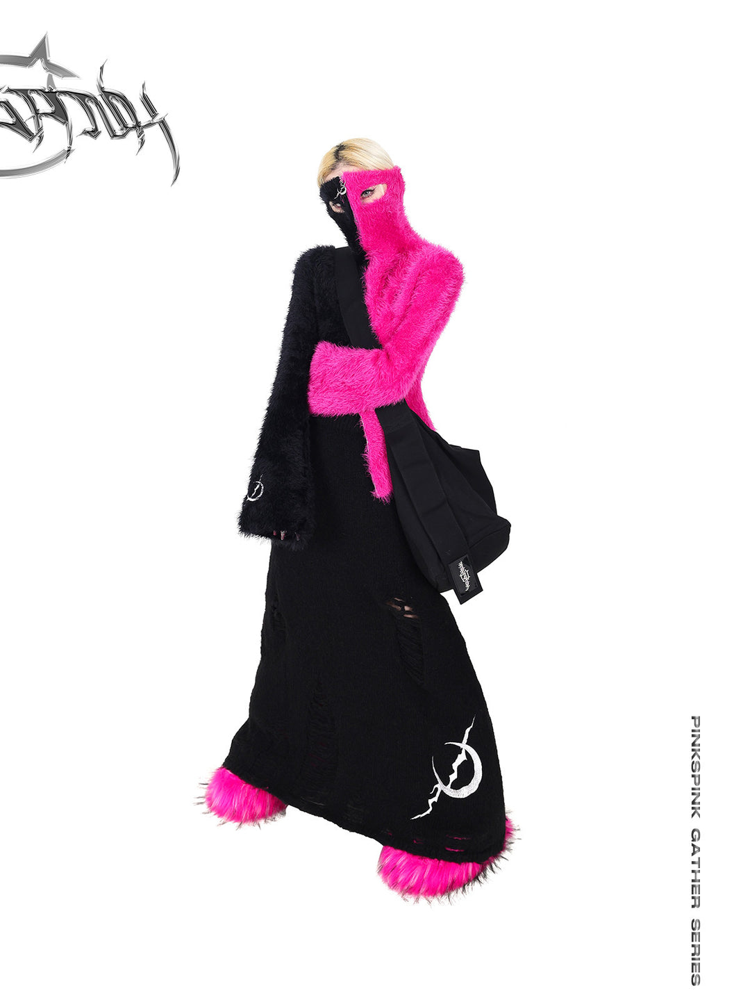 PINKSPINK ELECTRIC MOON split-color balaclava zip sweater — angled full-length modeled view with collar raised