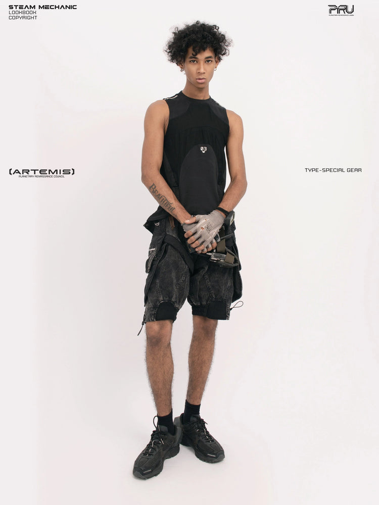 AEGIS blackbird black distressed mesh tank — full-length front modeled view with clasped hands