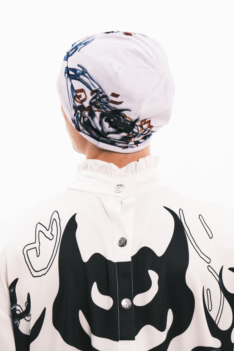 EMBRYO TRIBAL ENTITY graphic slouch beanie — rear modeled view