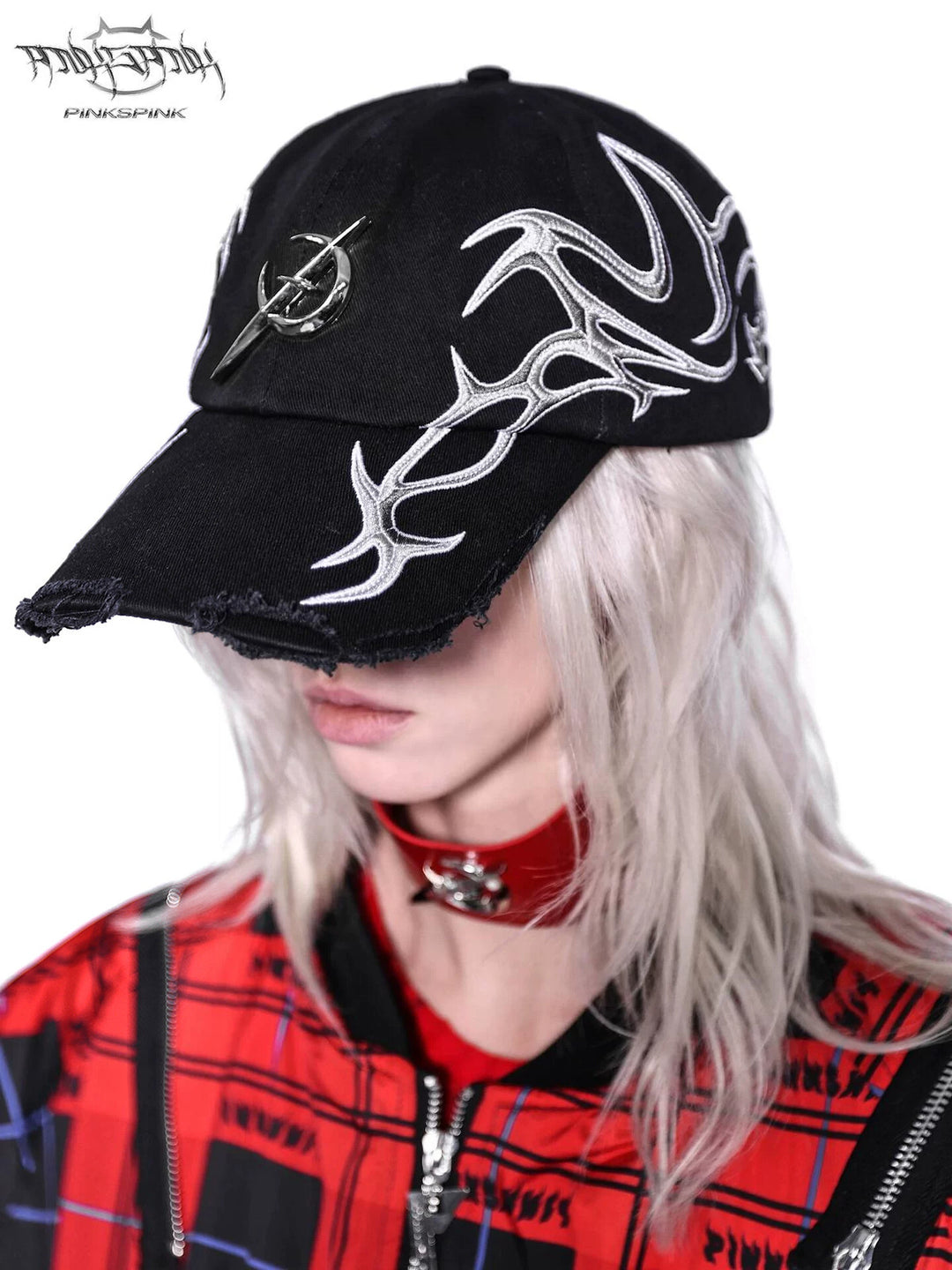 PINKSPINK ELECTRIC MOON black-red racing cap — cleaned hero collage showing the complete design